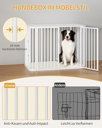 Hzuaneri Hundekäfig Möbel, Indoor Hundebox mit Kissen, Modernes Dreitür-Design, Hochbelastbar Hundekäfige, Beistelltisch aus Holz, Geeignet für Große Hunde, 108 x 66 x 77,5 cm, Weiß DFC86713W