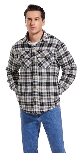 Image of Men's Sherpa Cotton Flannel Shirt Jacket Plaid Button Coat Pocket