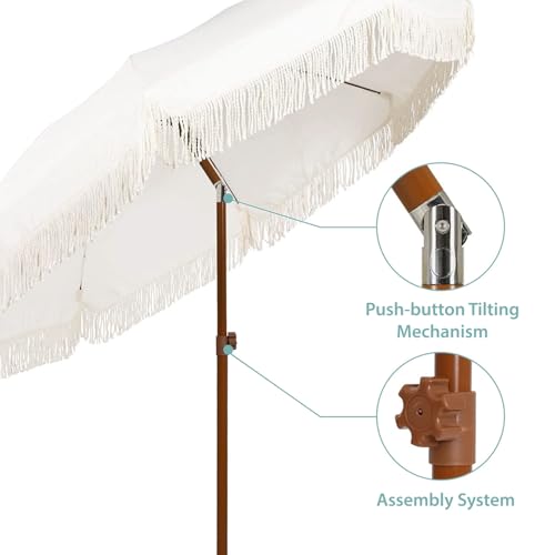 AMMSUN 7ft Patio Umbrella with Fringe, Easy to Set Up, Push Button Tilt, UV 50+ Protection, Outdoor Umbrella with Tassels for Backyard, Pool, Garden, Beach Party, White Cream image 7