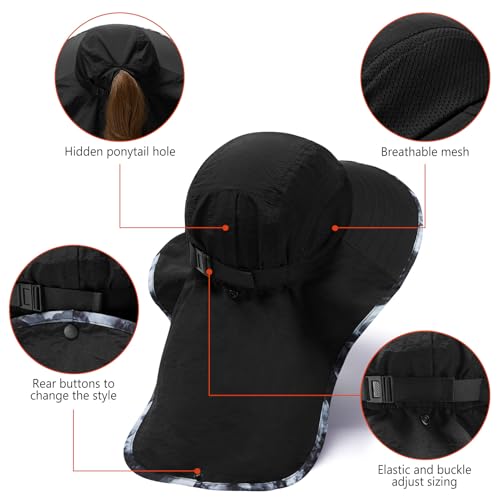 Image of BASSDASH UPF 50+ Unisex Water Resistant Wide Brim Sun Hat with Large Neck Flap Ponytail Fishing Hat for Men Women