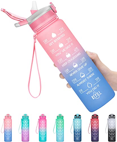 MEITAGIE Botella de Agua, Sin BPA Tritan Botella de Agua Deporte 1000ML, con Pajita y Sello de Tiempo, Adecuada para Infantil, Escuela, Corrida, Senderismo y Actividades al Aire (Rosa-Azul Degradado)