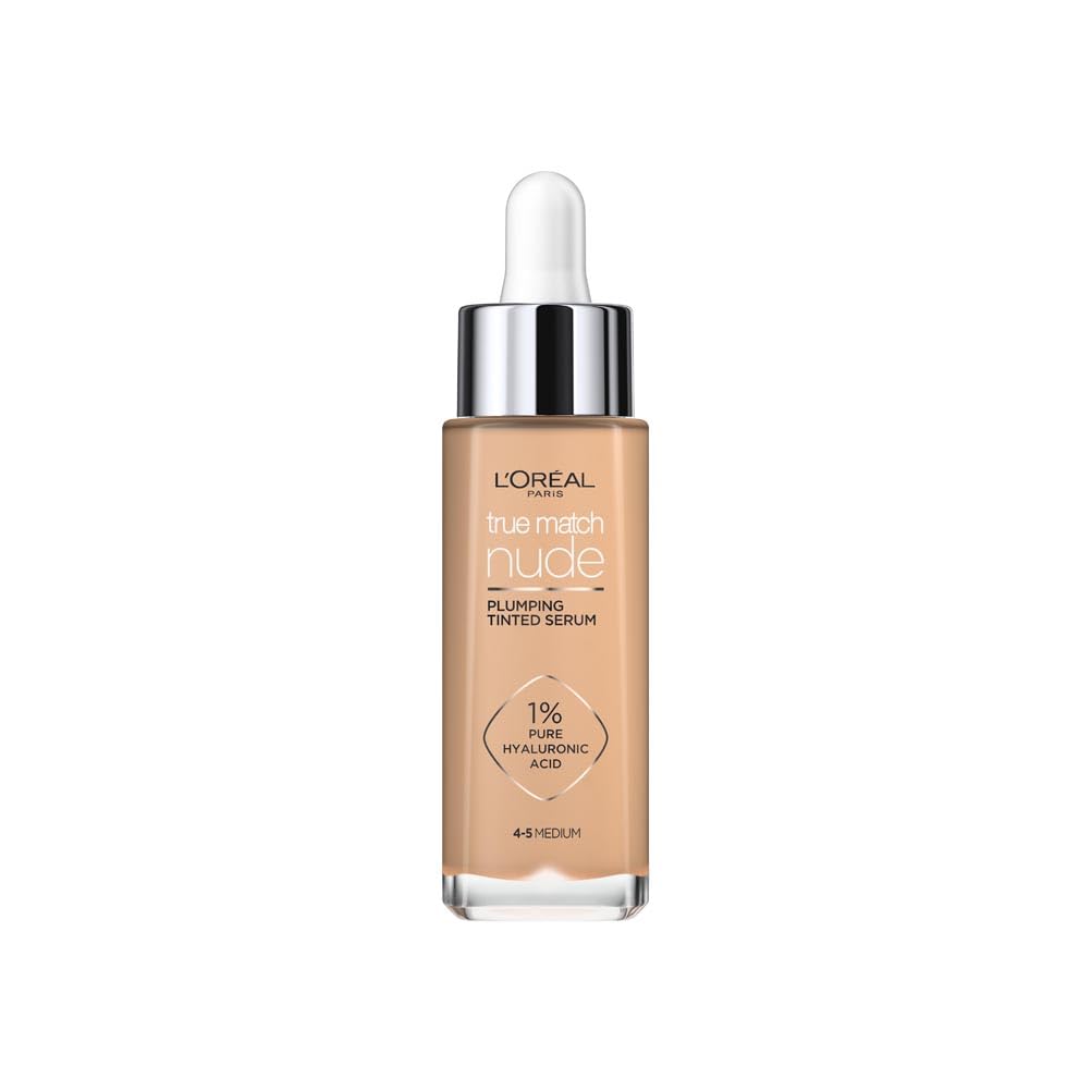 L'Oréal Paris Nude Tinted Serum for Face, Plumping and Hydrating Face Makeup, 1 Percent Pure Hyaluronic Acid, Nude Foundation to Cover, Replumps and Hydrates Skin in One Hour, Shade 4-5 Medium