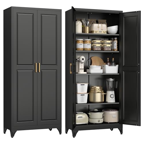 75" Kitchen Pantry Cabinet, Tall Storage Cabinet with Doors and 4 Shelves, Metal Storage Cabinets for Kitchens, Living Room, Dinning Room, Assembly Required, Black Black 75"H Square J