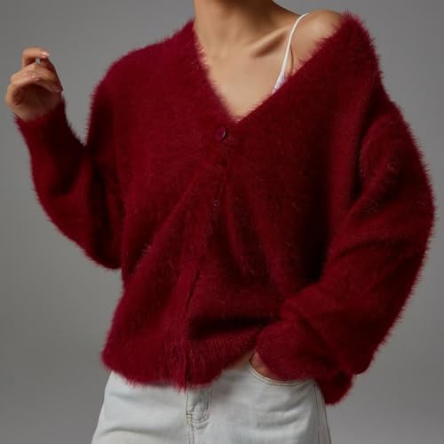 Image of chouyatou Women Furry Open Front Cardigan V-Neck Loose Casual Fluffy Knit Button Down Sweater Coat