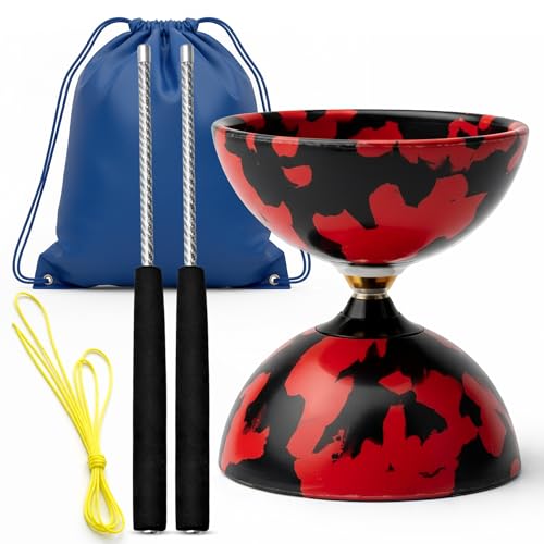 ProXopi Diábolo Profesional Triple Rodamiento, Diabolo de Malabares con Palos de Fibra de Carbono, Cuerda y Bolsa de Transporte, Estable y Resistente para Principiantes y Adultos (Rojo y Negro)