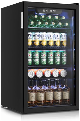 Beverage Refrigerator Cooler - 12 Bottle 55 Can Mini Fridge with Glass Door for Drinks Beer Wine Soda - Small Refrigerator for Office Home Bedroom Bar, 1.3 Cu.Ft, Black