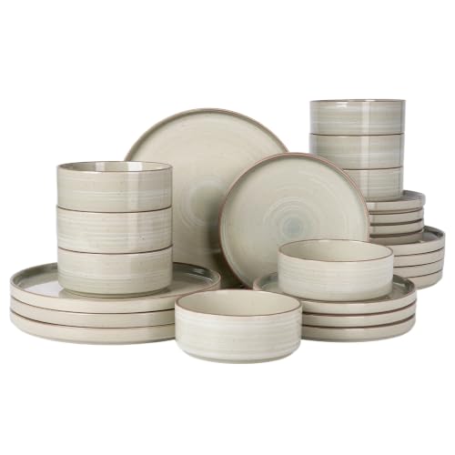 Image of Famiware Stellar 24-Piece Stoneware Dinnerware Set, Matcha Green | Stoneware Plates and Bowls, Handmade Reactive Glaze, Microwave & Dishwasher Safe, Chip & Scratch Resistant