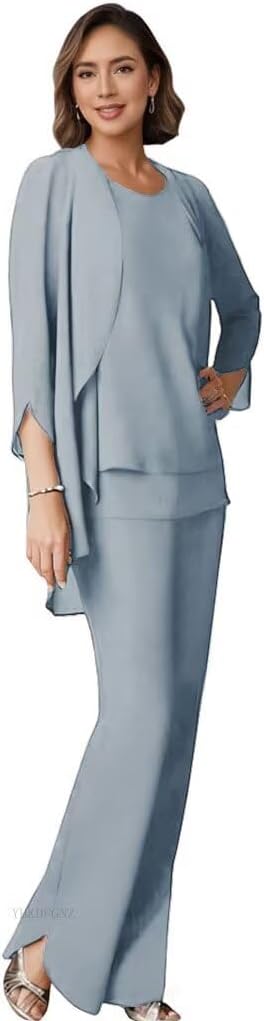 Chiffon Mother of The Bride Pant Suits for Women 3 PCS Formal Evening Pantsuit for Wedding
