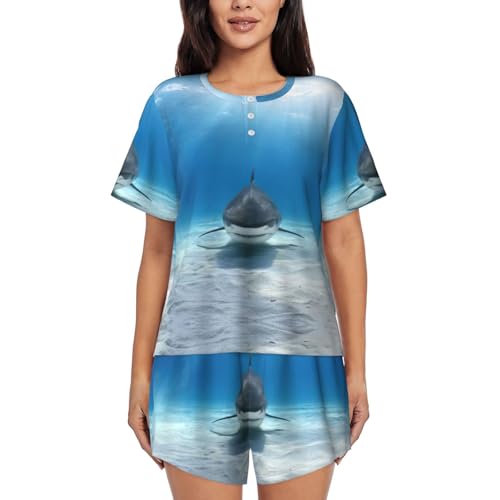Pyjama 2 pièces femme imprimé requin tigre col rond et manches courtes