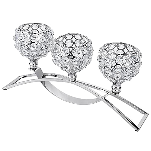 OwnMy 3 Arms Crystal Candle Holders Bowls Tealight Candelabra - Votive Candle Holder Ornaments Candlesticks Vase Candle Stand Candle Centerpieces for Dining Table Home Decor Wedding Christmas (Silver)