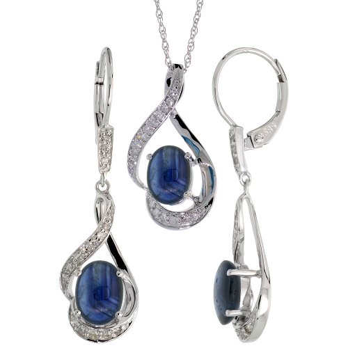 14K White Gold Genuine Blue Sapphire Earrings Necklace Set For Women 7X5Mm Oval Cut 0.20 Ct Diamond Accent 18 Inch Chain #TOP13