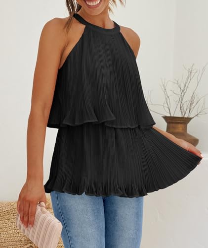 ZESICA Women's Summer Halter Tank Tops Casual Sleeveless Ruffle Tiered Layered Chiffon Flowy Blouse Shirts3