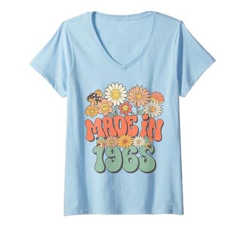 Femme Made In 1965 Floral Hippie Groovy Daisy Flower 60th Birthday T-Shirt avec Col en V