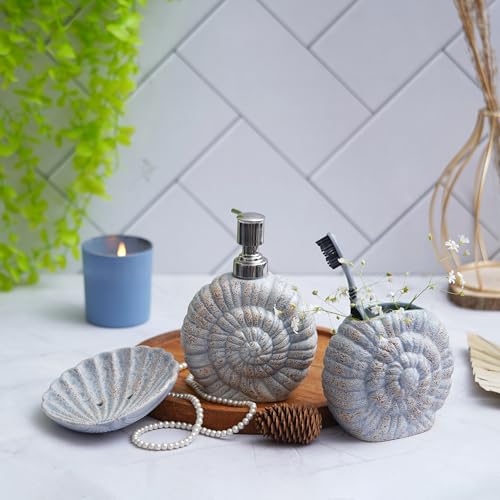 Image of Premium Ceramic Bathroom Accessories Set of 3 | Shell Hand-Painted Luxury Bath Set with 300ml Liquid Soap Dispenser, Toothbrush Holder & Soap Tray (Grey & Beige with Spiral Shell)