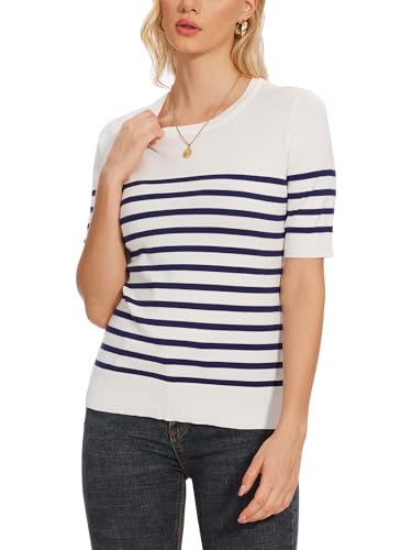 Image of Spicy Sandia Women's Short Sleeve Sweater Casual Knit Pullover Top for Summer Lightweight White and Navy Striped M