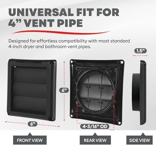 Image of Deflecto Supurr-Vent 4 inch Outdoor Dryer Vent Cover Black Louvered Wall Hood with Gravity Damper for Backdraft Prevention, Fits Standard 4 inch Dryer Exhaust Pipe, Weather & UV-Resistant, Durable 6 inchx6 inch Face