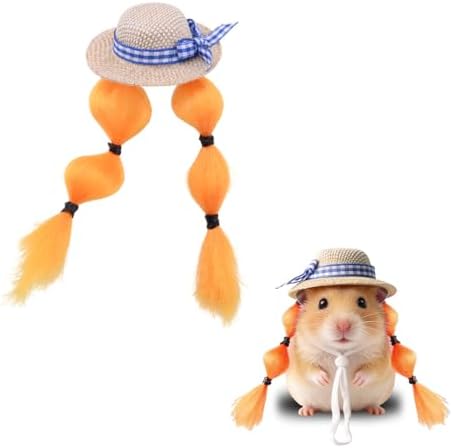 Adjustable Summer Hat for Small Pets Straw Hats with Braided Wigs and Bow Accessories for Hamster Guinea Pig Bird Rabbit Parrot Beach Party Decorations for Small Pet Funny Hats for Hamster Guinea Pig image 5