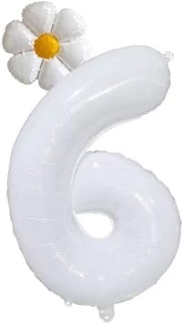 40-Inch White Number 6 Daisy Balloons Set,6th Birthday Balloon for Kids ,Jumbo Helium Aluminum Foil Balloons, Birthday Party Decorations. 6
