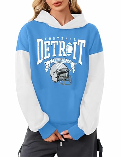 BANGELY Game Day Hoodie Women Cute Football Graphic Pullover Sweatshirt Football Season Sweaters Fans Y2k Casual Holiday Tops B-blue