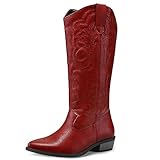 mysoft Women's Cowboy Boots Mid Calf Cowgirl Embroidered Western Pointed Toe Chunky Heel Pull On Knee High Boots