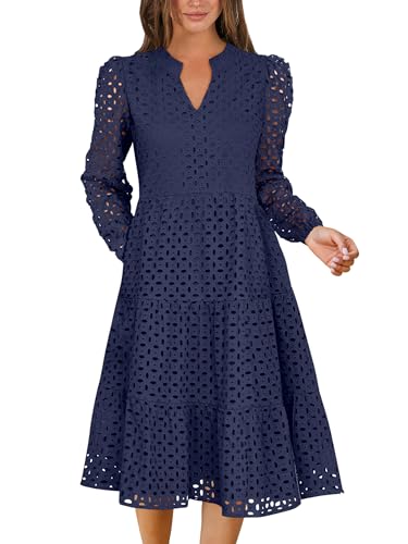 ANRABESS Womens Long Sleeve V Neck MIdi Dresses Hollow Out Eyelet Casual Tiered 2025 Fall Beach Vacation Dress with Pockets