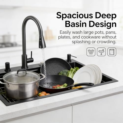 Image of WALLACE 304 Grade Black Single Bowl Multifunction Kitchen Sink 30x18x10 inches | Stainless Steel Workstation Sink with Integrated Waterfall Cup Washer Drain Basket RO Tap & Pull Down Faucet