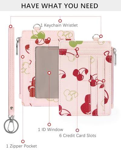 Image of BOSTANTEN Small Wallet For Women RFID Leather Credit Card Holder Slim Wristlet Keychain Wallet With Zipper Pocket, Cherry