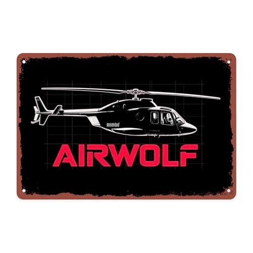Airwolf Helicopter Tin Sign Vintage Airwolf TV Series Metal Sign Print Aesthetic for Garden Yard Bar Porch Home Bedroom Kitchen Wall Decor Gift 8 X 12 in