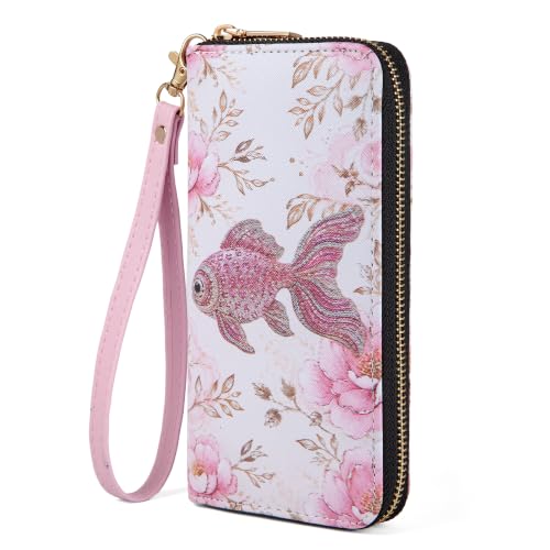 Nabegum Goldfish Floral Wallet for Women, Kawaii Cute Fish Wristlet Purse