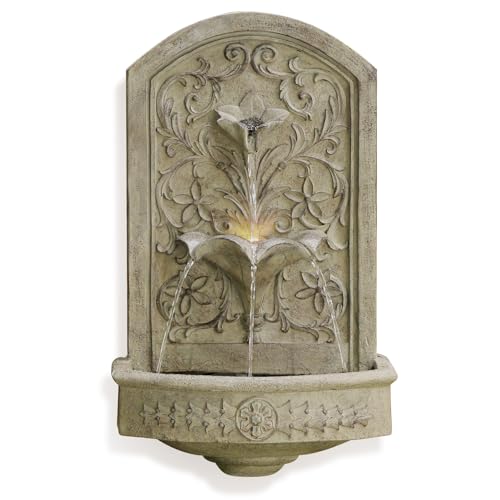 Takamota Vintage Wall-Mounted Outdoor Fountain, 28.3' H Resin Garden Water Feature with Floral Carving...