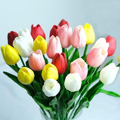 ONEYIM 24 PCS Artificial Flower Latex Real Touch Bridal Wedding Bouquet Tulip Silk Flowers Home Decor Artificial Flowers Bouquet (Colorful)