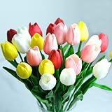 ONEYIM 24 PCS Artificial Flower Latex Real Touch Bridal Wedding Bouquet Tulip Silk Flowers Home Deco