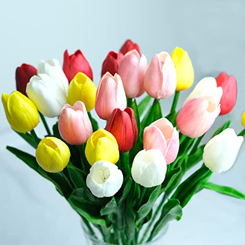 Oneyim 24 Pcs Artificial Flower Latex Real Touch Bridal Wedding Bouquet Tulip Silk Flowers Home Decor Artificial Flowers Bouquet (Colorful) #TOP3
