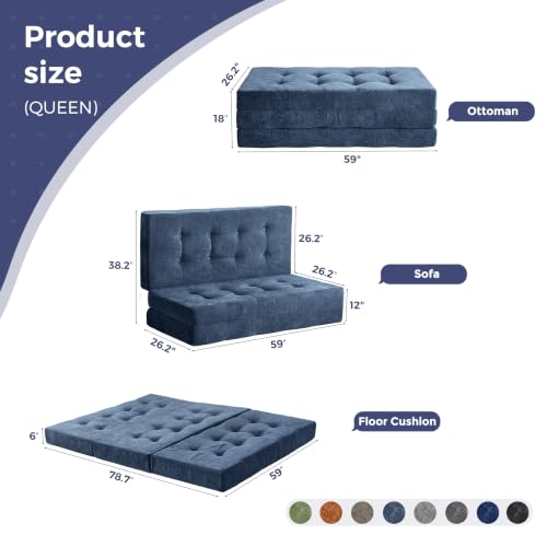 Image of MAXYOYO 6 inch Folding Sofa Bed for Floor, Tufted Tri-Fold Floor Mattress | Queen Size Portable Sofa Couch Guest Mat with Chenille Fabric for Adults, Foldable Topper for Camping, Dusty Blue, Queen