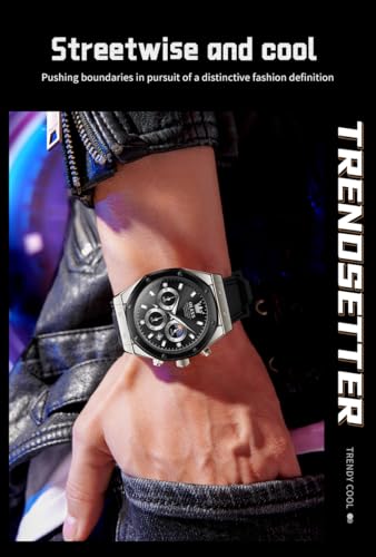OLEVS Mens Wrist Watches Multifunctional Chronograph Analog Quartz Business Calendar Waterproof Luminous Watch for Man Silicon Strap