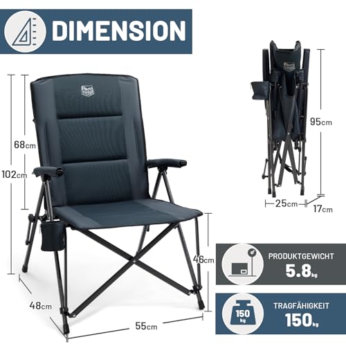 TIMBER RIDGE Campingstuhl Faltbar Hohe Rückenlehne XXL Klappstuhl Camping Breiter Sitz 55cm Gepolstert 150kg Tragkraft mit Seitentasche Tasche Camp Garten Balkon – Bild 4