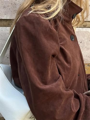 Women Retro Suede Short Jacket Elegant Stand Collar Sleeves Single Breasteds Loose Coats4