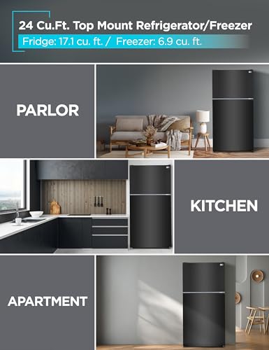 Image of BLACK+DECKER 24 Cu. Ft. Top Mount Refrigerator with Freezer, 2 Door Refrigerator with Top Freezer and Adjustable Temperature Control, Full Size Kitchen Refrigerator, BR2400JB, Black