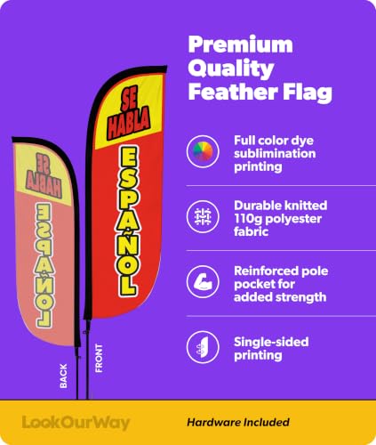 Image of LookOurWay Feather Flag Set - 5ft Tall Advertising Banner Flag with Pole Kit and Ground Spike for Business Promotion - Se Habla Espanol