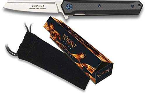 Navaja japonesa con RODAMIENTOS K25 TOKISU fabricado por CNC G-10 y FIBRA DE CARBONO 9 cm con CLIP Hoja 10 cm Caza Outdoor Supervivencia 18450 + Portabotellas de regalo
