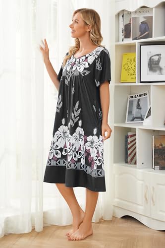 Image of House Dresses for Women with Pockets Mumu Dresses Short Sleeve Moo Moos for Women Nightgown Duster Lounge Dress S-3XL