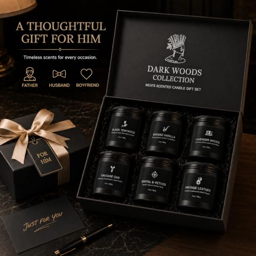 Image of Scented Candles for Men, 6 Masculine Scents Set, 42oz Total | 200H-250H Burn Time, Woody Manly Gift Set, Smoked Vanilla, Black Teakwood Santal & Vetiver for Him