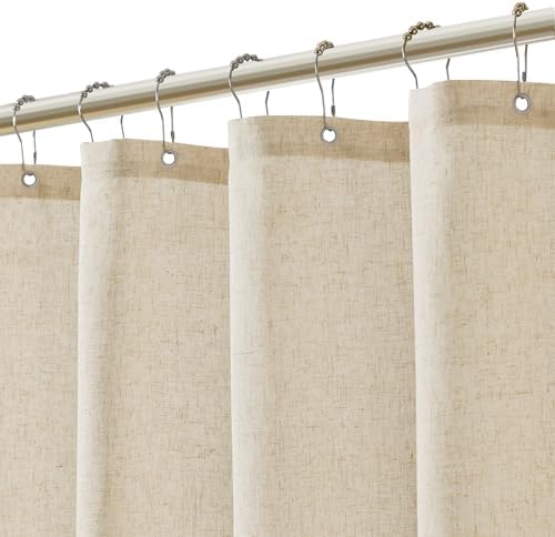 Natural Linen Shower Curtain with 12 Metal Hooks Modern Boho Neut...