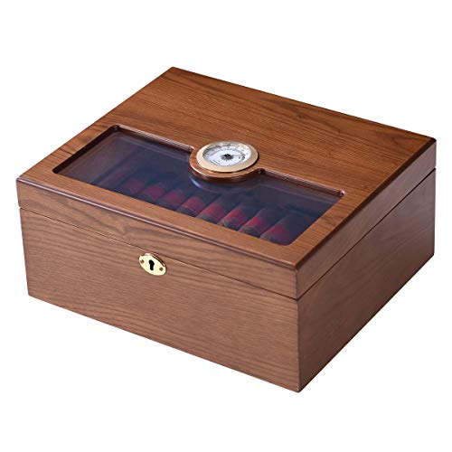 HEZALA Desktop Cigar Humidor,Handmade Cedar Wood Cigar Storage Box,with Hygrometer Humidifier,Holds 20 to