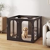 Jenwnet Acrylic Clear Dog Playpen Indoor with Door, 26'' H Transparent Dog Play Pen for Small Dogs, No-Connector Modular Puppy Playpen with Integrated Suction Cups Base, 8 Panels, Black