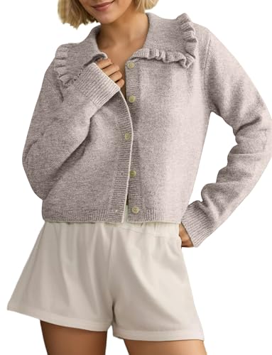 Image of Ythomm Womens Ruffle Collar Cropped Cardigans Button Down Open Front Long Sleeve Knit Sweater Jackets Casual Solid Fall Tops