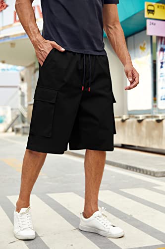 Gafeng Mens Casual Relaxed Fit Cargo Shorts Elastic Waist Drawstring Solid Work Outdoor Sport Hip Hop Trousers Black #TOP2