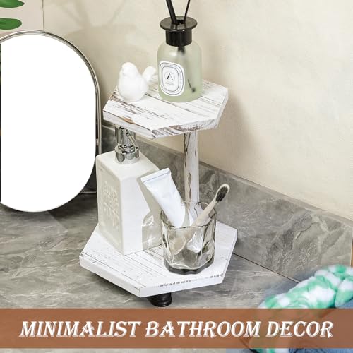 Tikea Hexagonal Wood Riser for Display, 2-Tier Wood Farmhouse Riser for Kitchen Bathroom Counter Decor, Decorative Tray for Soap Dispenser, Decorations and Plant (White) - Image 2