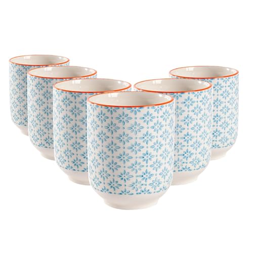 Nicola Spring Hand-Printed Tumbler - 280ml - Blue - Pack of 6 - No Handle Hot Chocolate Cups Breakfast Tea & Coffee Mugs for Kitchens, Cafes & Restaurants