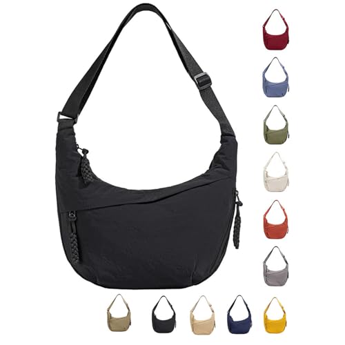Damen Halbmond Crossbody Schultertasche, Nylon Crossbody Bag, Hobo Halfmoon Bag, Crossbody Bag Umhängetasche, Halbmond Dumpling Umhängetasche mit verstellbarer Schultergurt (Schwarz-M)